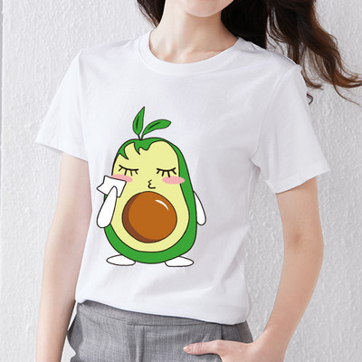 Nyári női póló Aranyos Harajuku Rajzfilm Avocado Print Fehér póló Trend O-nyak Női Kényelmes Alkalmi Nagy méretű felső