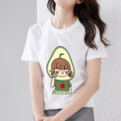 Nyári női póló Aranyos Harajuku Rajzfilm Avocado Print Fehér póló Trend O-nyak Női Kényelmes Alkalmi Nagy méretű felső