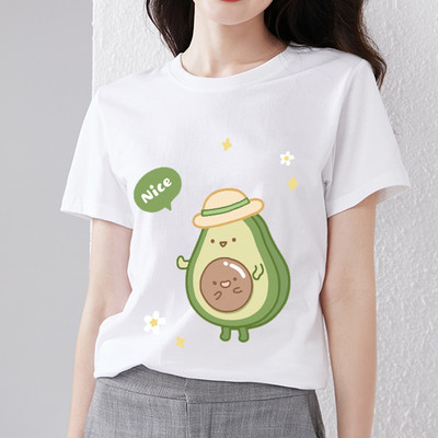 Nyári női póló Aranyos Harajuku Rajzfilm Avocado Print Fehér póló Trend O-nyak Női Kényelmes Alkalmi Nagy méretű felső