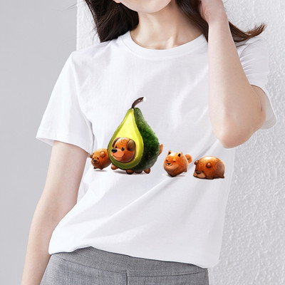 Nyári női póló Aranyos Harajuku Rajzfilm Avocado Print Fehér póló Trend O-nyak Női Kényelmes Alkalmi Nagy méretű felső