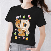 T-krekls Harajuku Vienkāršs ikdienišķs Woman R burts Sākotnējais piepilsētas krekls Pamata stils Rotaļīgs, jauks lāča apdruka ar O veida kakla apdruku, melns apģērbs