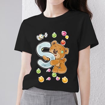 Тениска Harajuku Simple Casual Woman R Letter Initial Commuter Shirt Basic Style Playful Cute Bear Print О-образно деколте Черни дрехи