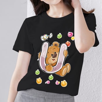 Тениска Harajuku Simple Casual Woman R Letter Initial Commuter Shirt Basic Style Playful Cute Bear Print О-образно деколте Черни дрехи