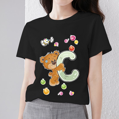 T-krekls Harajuku Vienkāršs ikdienišķs Woman R burts Sākotnējais piepilsētas krekls Pamata stils Rotaļīgs, jauks lāča apdruka ar O veida kakla apdruku, melns apģērbs