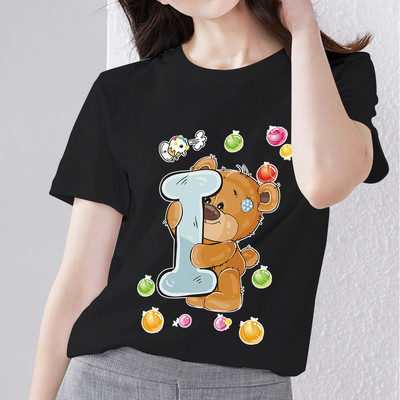 T-krekls Harajuku Vienkāršs ikdienišķs Woman R burts Sākotnējais piepilsētas krekls Pamata stils Rotaļīgs, jauks lāča apdruka ar O veida kakla apdruku, melns apģērbs