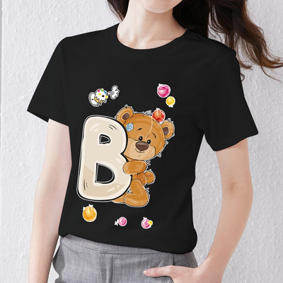 T-krekls Harajuku Vienkāršs ikdienišķs Woman R burts Sākotnējais piepilsētas krekls Pamata stils Rotaļīgs, jauks lāča apdruka ar O veida kakla apdruku, melns apģērbs