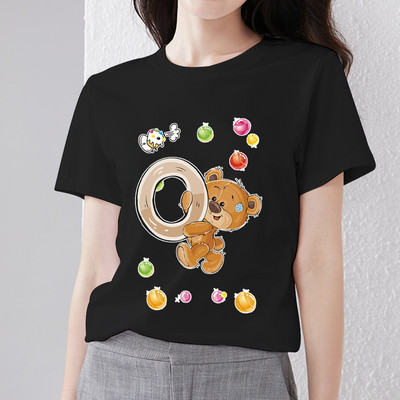 T-krekls Harajuku Vienkāršs ikdienišķs Woman R burts Sākotnējais piepilsētas krekls Pamata stils Rotaļīgs, jauks lāča apdruka ar O veida kakla apdruku, melns apģērbs