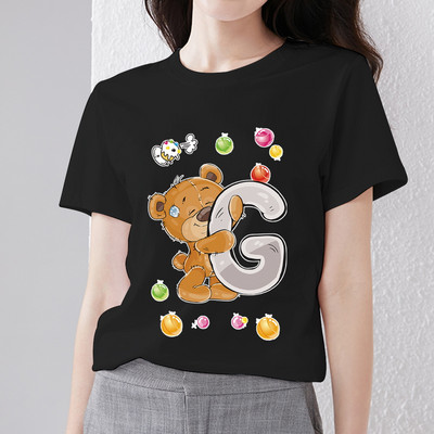 T-krekls Harajuku Vienkāršs ikdienišķs Woman R burts Sākotnējais piepilsētas krekls Pamata stils Rotaļīgs, jauks lāča apdruka ar O veida kakla apdruku, melns apģērbs