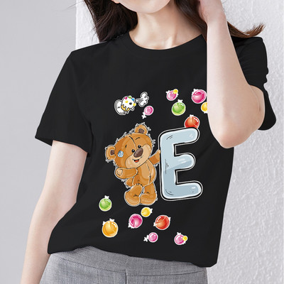 T-krekls Harajuku Vienkāršs ikdienišķs Woman R burts Sākotnējais piepilsētas krekls Pamata stils Rotaļīgs, jauks lāča apdruka ar O veida kakla apdruku, melns apģērbs