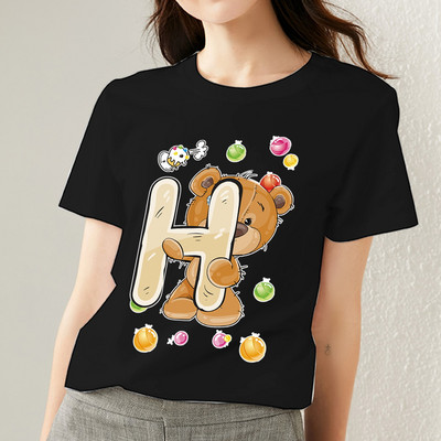 T-krekls Harajuku Vienkāršs ikdienišķs Woman R burts Sākotnējais piepilsētas krekls Pamata stils Rotaļīgs, jauks lāča apdruka ar O veida kakla apdruku, melns apģērbs