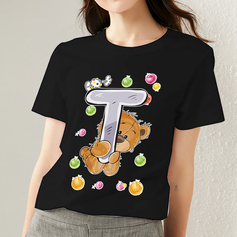 T-krekls Harajuku Vienkāršs ikdienišķs Woman R burts Sākotnējais piepilsētas krekls Pamata stils Rotaļīgs, jauks lāča apdruka ar O veida kakla apdruku, melns apģērbs