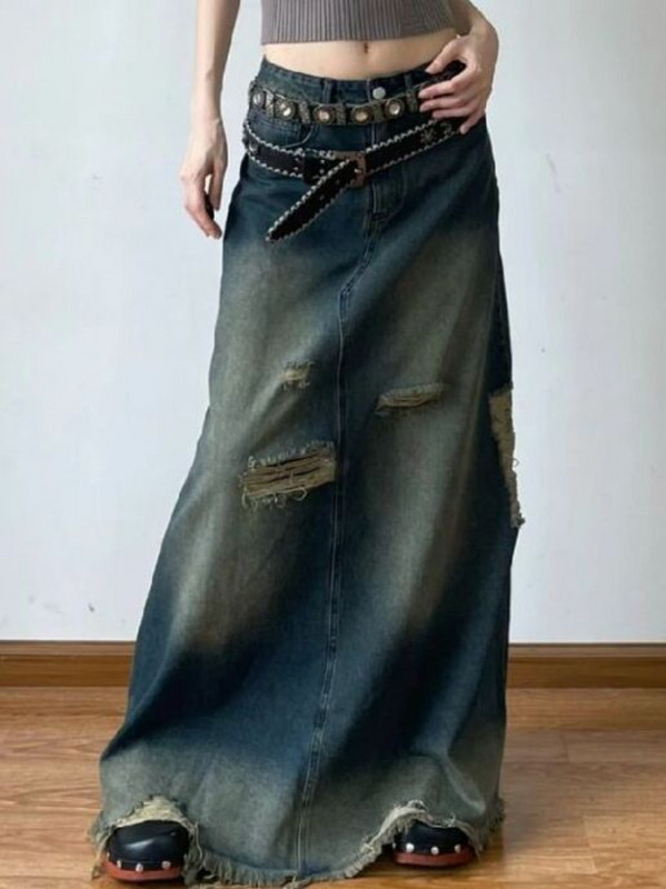 Fuste de blugi cu talie înaltă, cusături cu găuri, fuste vintage americane de stradă pentru femei Y2k, toate se potrivesc, îmbrăcăminte lejeră casual