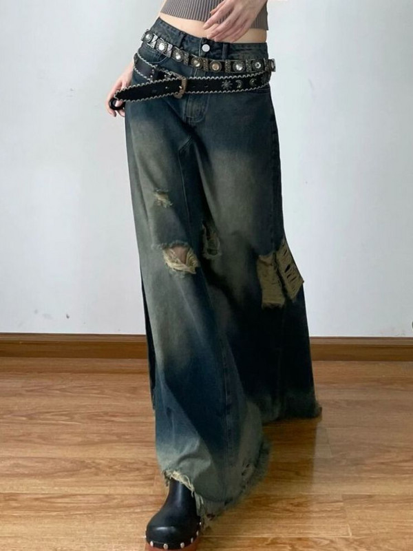 Fuste de blugi cu talie înaltă, cusături cu găuri, fuste vintage americane de stradă pentru femei Y2k, toate se potrivesc, îmbrăcăminte lejeră casual