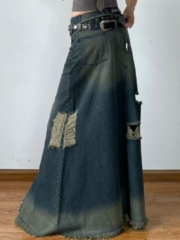 Fuste de blugi cu talie înaltă, cusături cu găuri, fuste vintage americane de stradă pentru femei Y2k, toate se potrivesc, îmbrăcăminte lejeră casual