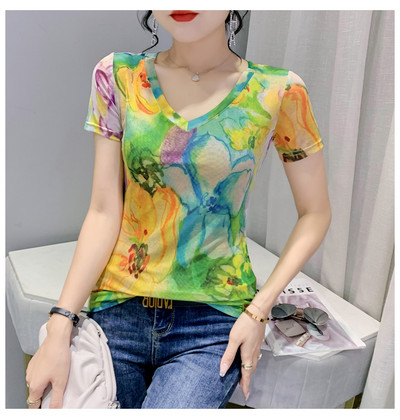 S-3XL Tricou cu mânecă scurtă de vară Tricou pentru fete Tricou cu plasă dulce cu imprimeu elastic Topuri Îmbrăcăminte florală pentru femei