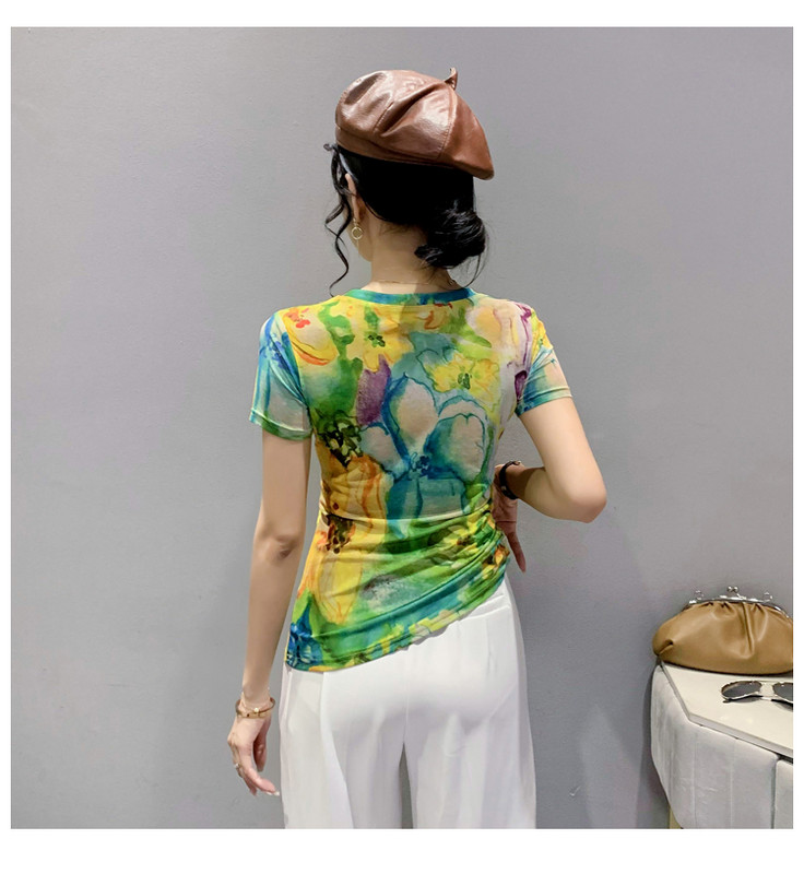 S-3XL Tricou cu mânecă scurtă de vară Tricou pentru fete Tricou cu plasă dulce cu imprimeu elastic Topuri Îmbrăcăminte florală pentru femei