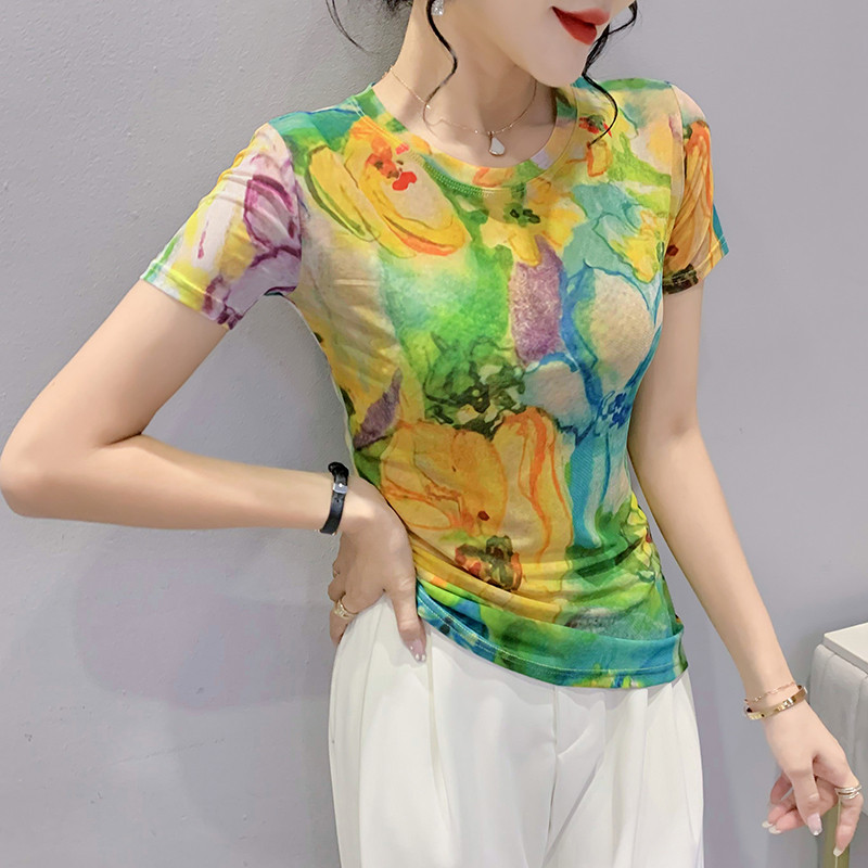 S-3XL Tricou cu mânecă scurtă de vară Tricou pentru fete Tricou cu plasă dulce cu imprimeu elastic Topuri Îmbrăcăminte florală pentru femei