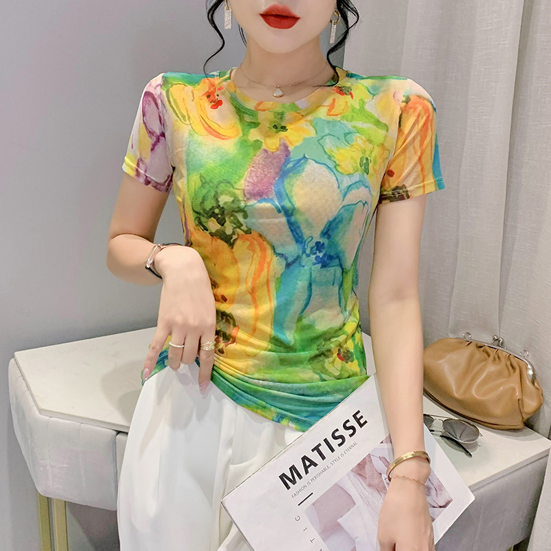 S-3XL Tricou cu mânecă scurtă de vară Tricou pentru fete Tricou cu plasă dulce cu imprimeu elastic Topuri Îmbrăcăminte florală pentru femei