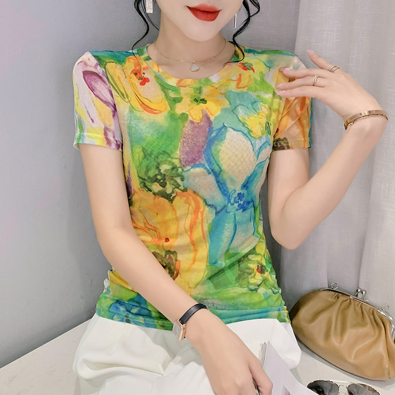 S-3XL Tricou cu mânecă scurtă de vară Tricou pentru fete Tricou cu plasă dulce cu imprimeu elastic Topuri Îmbrăcăminte florală pentru femei
