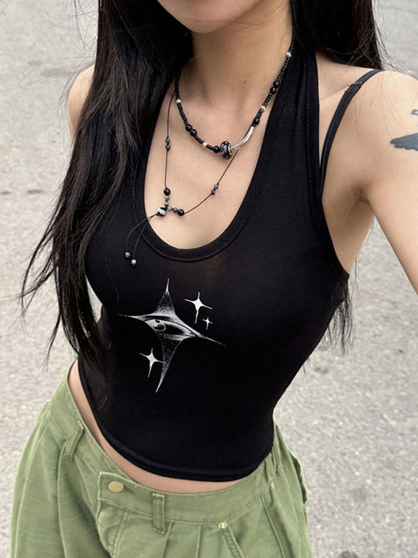 Top női Y2k Devil`s Eyes Retro mintás akasztós nyakba függő mellény női nyári koreai divat karcsú és karcsúsító rövid felső