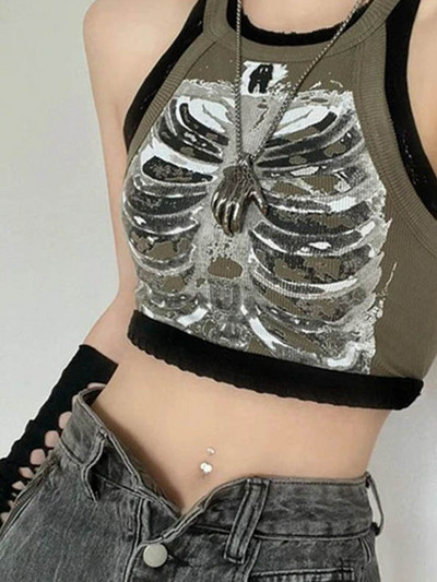 Punk Aesthetic Cyber Retro Rentgena Skelets Print Rib Bez Piedurknēm Veste ArmyGreen Crop Top Designer Apģērbi Sieviešu 2023 Summer Emo