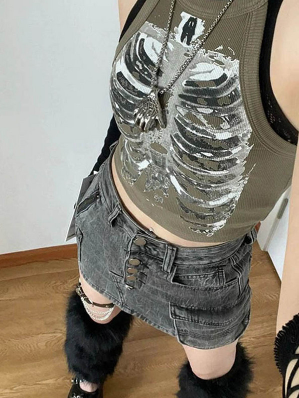 Punk Aesthetic Cyber Retro Rentgena Skelets Print Rib Bez Piedurknēm Veste ArmyGreen Crop Top Designer Apģērbi Sieviešu 2023 Summer Emo