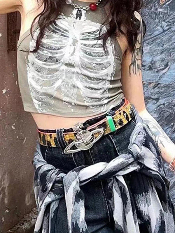 Punk Aesthetic Cyber Retro Rentgena Skelets Print Rib Bez Piedurknēm Veste ArmyGreen Crop Top Designer Apģērbi Sieviešu 2023 Summer Emo