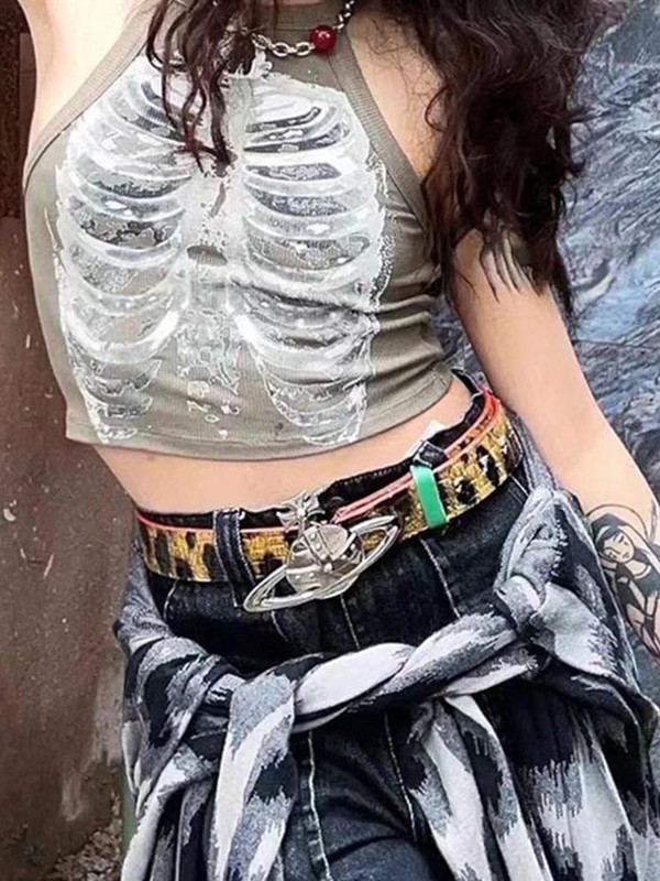 Punk Aesthetic Cyber Retro Rentgena Skelets Print Rib Bez Piedurknēm Veste ArmyGreen Crop Top Designer Apģērbi Sieviešu 2023 Summer Emo