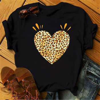 Maycaur New 90\'s Leopard Heart Print Дамска тениска Модна дамска тениска с къс ръкав Harajuku Graphic Clothing Дамски топ