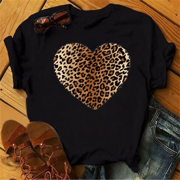 Maycaur New 90\'s Leopard Heart Print Дамска тениска Модна дамска тениска с къс ръкав Harajuku Graphic Clothing Дамски топ