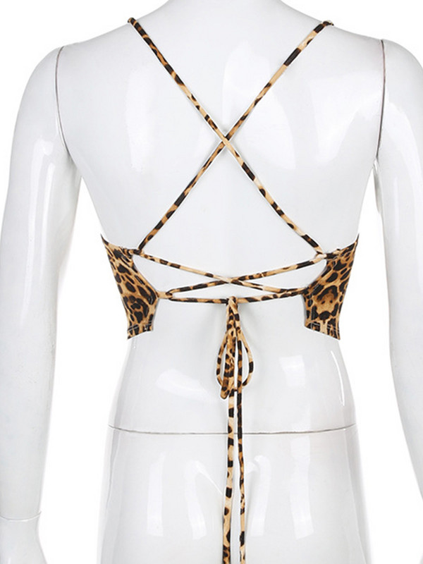 Leopárdmintás női felsők, hát nélküli szexi rave ruhák, ujjatlan, keresztben fűzős karkötős felső nyári utcai viselet