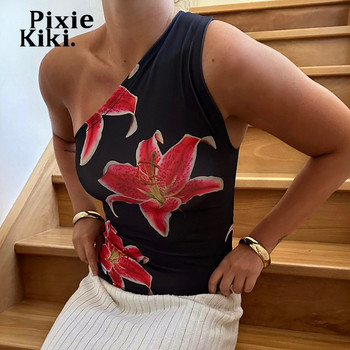 PixieKiki Floral Print Εφαρμοσμένα μπλουζάκια Γυναικεία Ρούχα Γραφικά μπλουζάκια θερέτρου Καλοκαίρι 2024 Casual One Shoulder Backless Tank Top P85-AC10