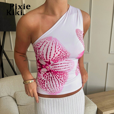 PixieKiki Topuri mulate cu imprimeu floral Femei Imbracaminte de statiune Tricouri grafice Vara 2024 Casual Un singur umăr, fără spate, Tank Top P85-AC10