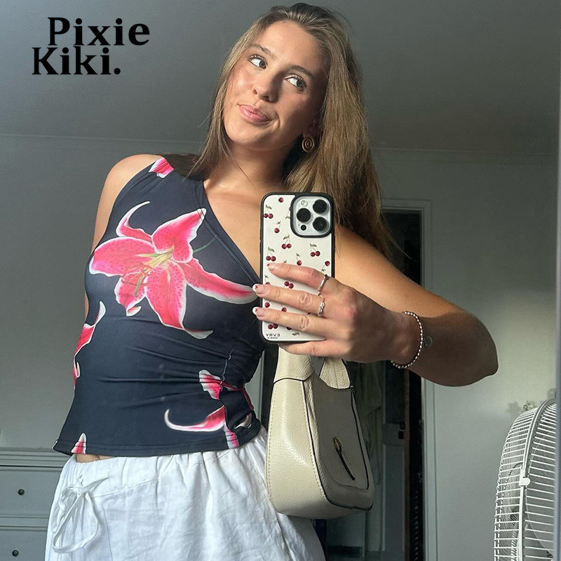 PixieKiki Topuri mulate cu imprimeu floral Femei Imbracaminte de statiune Tricouri grafice Vara 2024 Casual Un singur umăr, fără spate, Tank Top P85-AC10