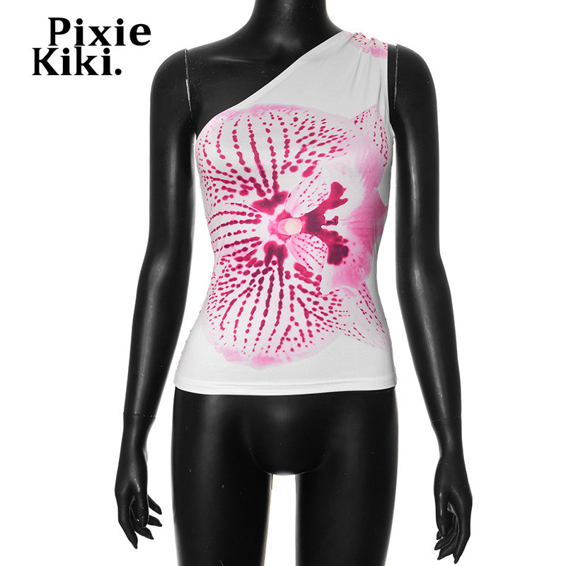 PixieKiki Topuri mulate cu imprimeu floral Femei Imbracaminte de statiune Tricouri grafice Vara 2024 Casual Un singur umăr, fără spate, Tank Top P85-AC10