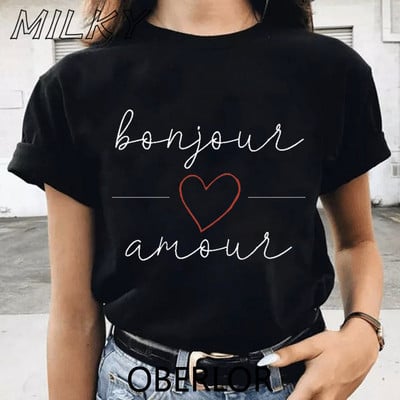 Bonjour Heart Print naiste T-särk Prantsusmaa Graafiline lühikeste varrukatega O kaelusega avar naiste Tsärk Naiste T-särk Topid Camisetas Mujer