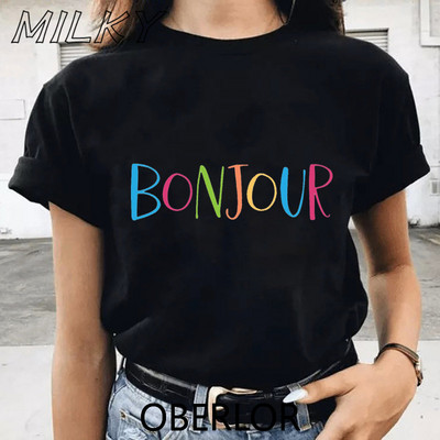 Bonjour Ženska majica s printom srca Francuska grafika kratkih rukava s O izrezom Široka ženska majica kratkih rukava Ženska majica s kratkim rukavima Camisetas Mujer