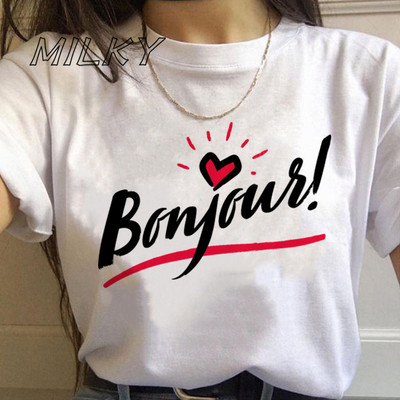 Bonjour Ženska majica s printom srca Francuska grafika kratkih rukava s O izrezom Široka ženska majica kratkih rukava Ženska majica s kratkim rukavima Camisetas Mujer