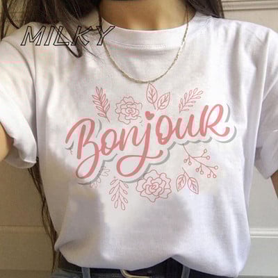 Bonjour Ženska majica s printom srca Francuska grafika kratkih rukava s O izrezom Široka ženska majica kratkih rukava Ženska majica s kratkim rukavima Camisetas Mujer