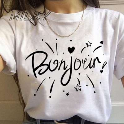 Bonjour Ženska majica s printom srca Francuska grafika kratkih rukava s O izrezom Široka ženska majica kratkih rukava Ženska majica s kratkim rukavima Camisetas Mujer
