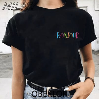 Bonjour Ženska majica s printom srca Francuska grafika kratkih rukava s O izrezom Široka ženska majica kratkih rukava Ženska majica s kratkim rukavima Camisetas Mujer