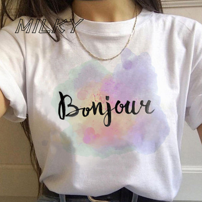 Bonjour Ženska majica s printom srca Francuska grafika kratkih rukava s O izrezom Široka ženska majica kratkih rukava Ženska majica s kratkim rukavima Camisetas Mujer