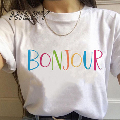 Bonjour Ženska majica s printom srca Francuska grafika kratkih rukava s O izrezom Široka ženska majica kratkih rukava Ženska majica s kratkim rukavima Camisetas Mujer