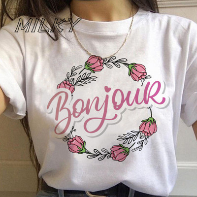 Bonjour Ženska majica s printom srca Francuska grafika kratkih rukava s O izrezom Široka ženska majica kratkih rukava Ženska majica s kratkim rukavima Camisetas Mujer
