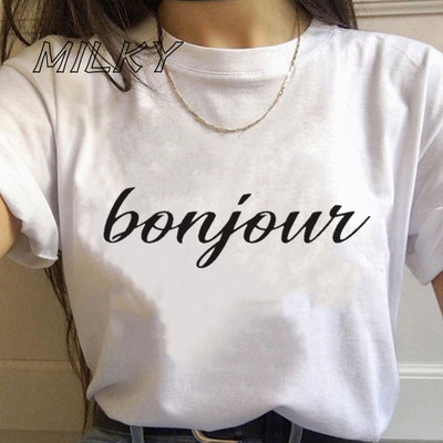Bonjour Ženska majica s printom srca Francuska grafika kratkih rukava s O izrezom Široka ženska majica kratkih rukava Ženska majica s kratkim rukavima Camisetas Mujer