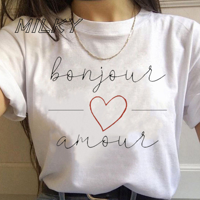 Bonjour Ženska majica s printom srca Francuska grafika kratkih rukava s O izrezom Široka ženska majica kratkih rukava Ženska majica s kratkim rukavima Camisetas Mujer