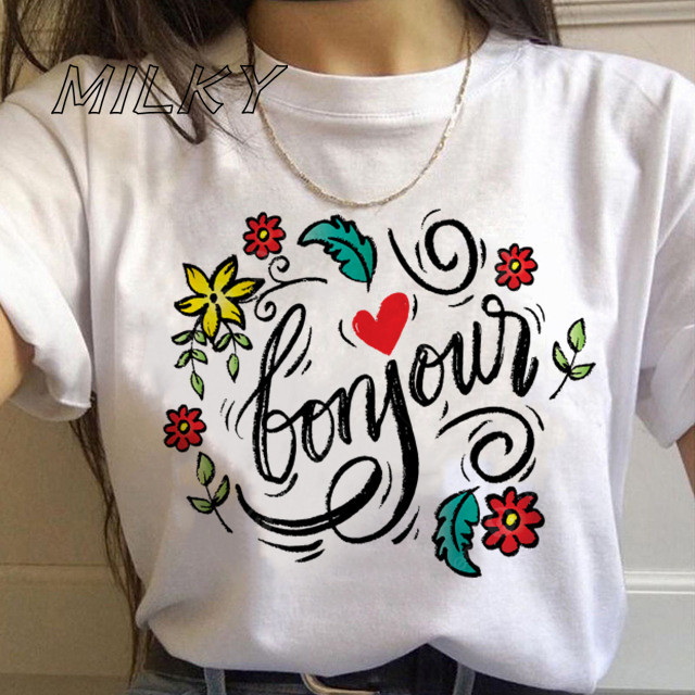 Bonjour Ženska majica s printom srca Francuska grafika kratkih rukava s O izrezom Široka ženska majica kratkih rukava Ženska majica s kratkim rukavima Camisetas Mujer