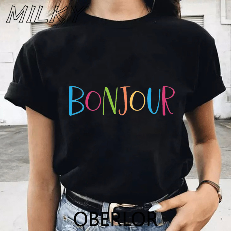 Bonjour Ženska majica s printom srca Francuska grafika kratkih rukava s O izrezom Široka ženska majica kratkih rukava Ženska majica s kratkim rukavima Camisetas Mujer