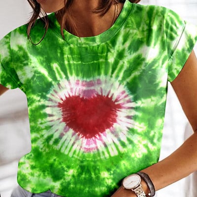 Γυναικείο T-shirt Heart Print Crew Neck Tie Dye Tops Tees Y2k Ρούχα Καθημερινά κοντομάνικα T-shirts καλοκαιρινά Γυναικεία ρούχα