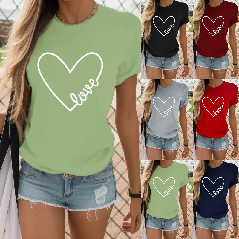 Ženske ležerne majice s printom u obliku srca O izrez kratkih rukava Ljetne majice Majice za Valentinovo Gornje majice Ženska odjeća